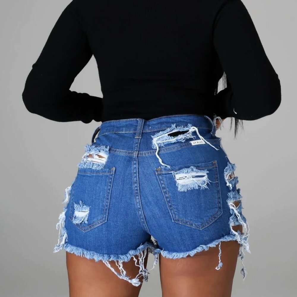 High Rise Crossover Waist Distressed Denim Shorts